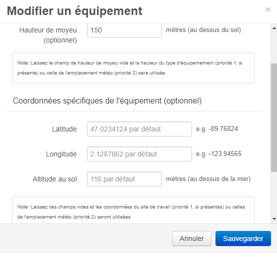 Coordonnées: position et hauteur de moyeu d'une éolienne.